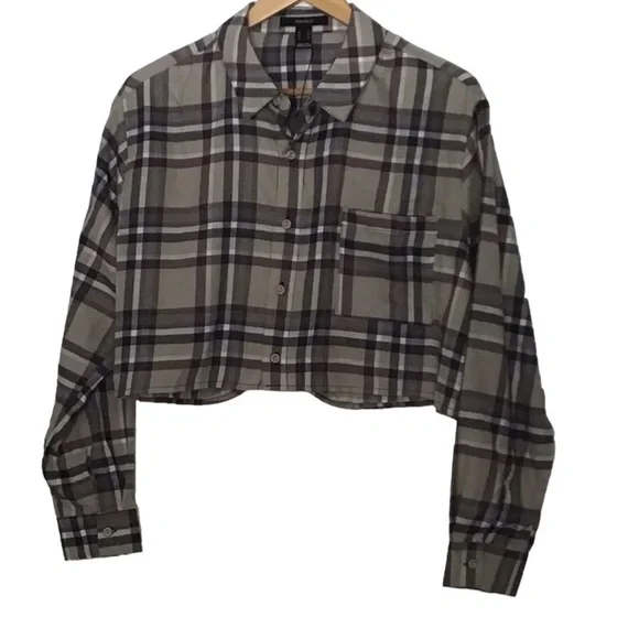 2/40$ FLANNEL plaid checkers Forever 21 oversize Crop blouse plaid beige neutral - Picture 1 of 9